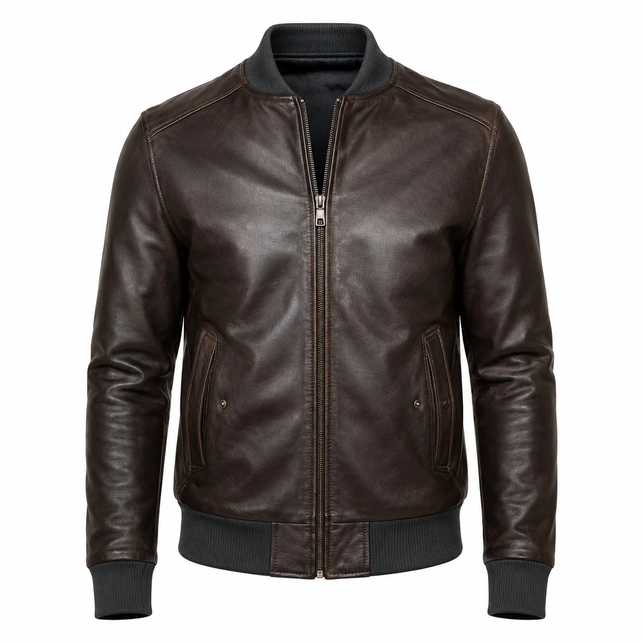 Men’s Vintage Dark Brown Leather Bomber Jacket – Flight Jacket with Ribbed Collar - Image 3