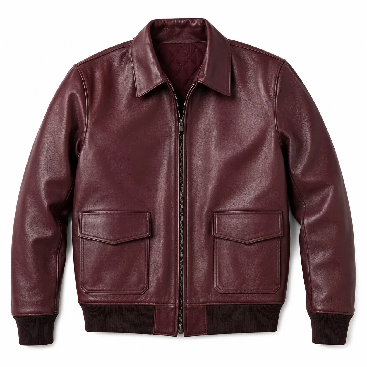 Men’s Vintage Burgundy Leather Bomber Jacket - Image 3