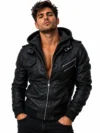 Men’s Black Hooded Premium Leather Biker Bomber Jacket with Multiple Zip Pockets