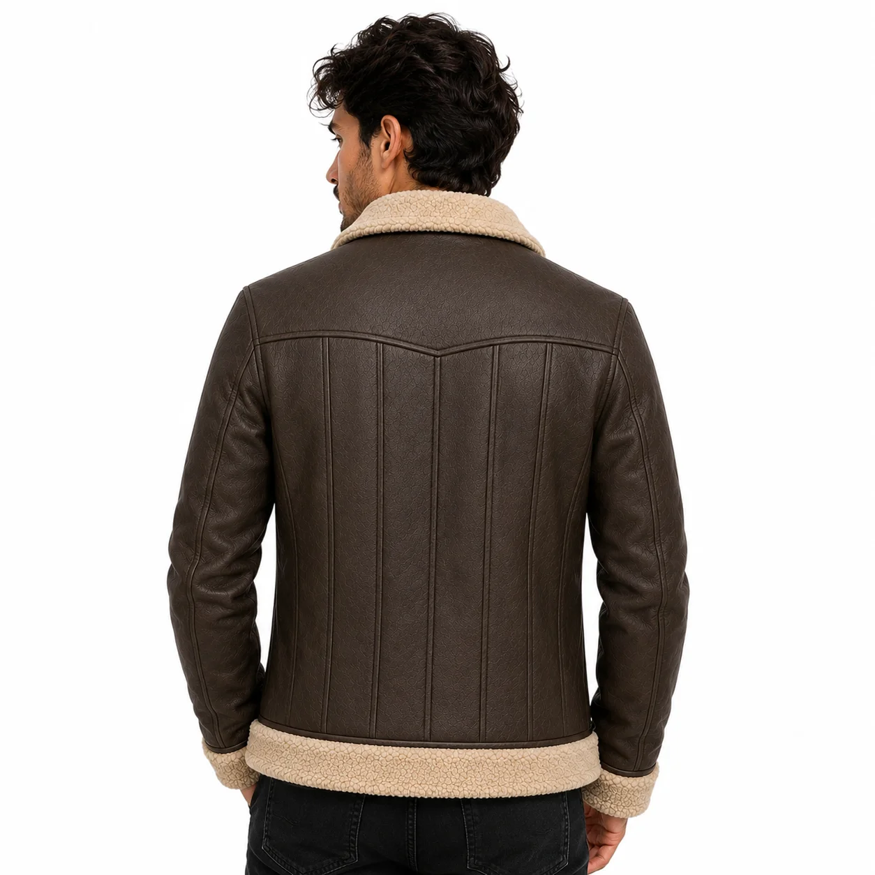 Men’s Vintage Brown Premium Leather Shearling Aviator Bomber Jacket - Image 2