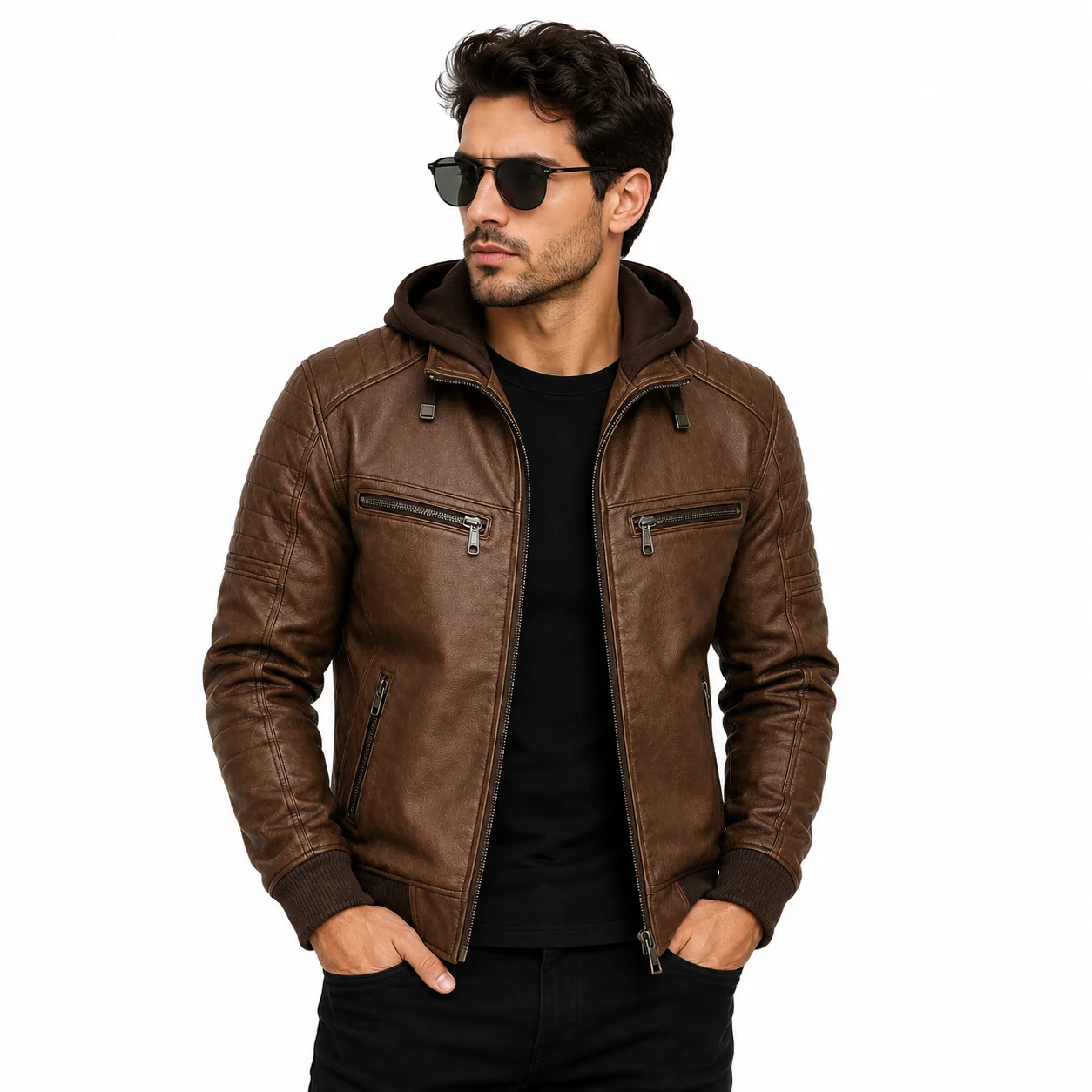 Men's Vintage Brown Hooded Leather Biker Bomber Jacket with Removable Hood