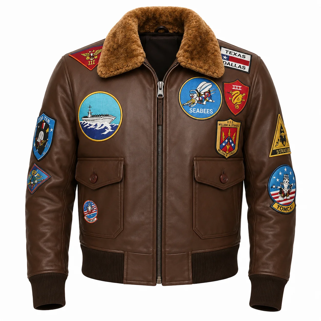 Brown Top Gun Bomber Leather Jacket with Pilot Patches - Image 3