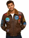 Brown Top Gun Bomber Leather Jacket with Pilot Patches