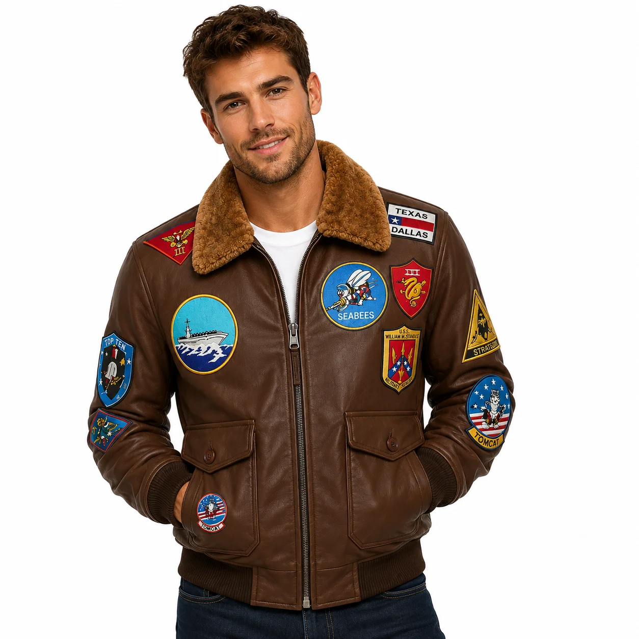 Brown Top Gun Bomber Leather Jacket with Pilot Patches