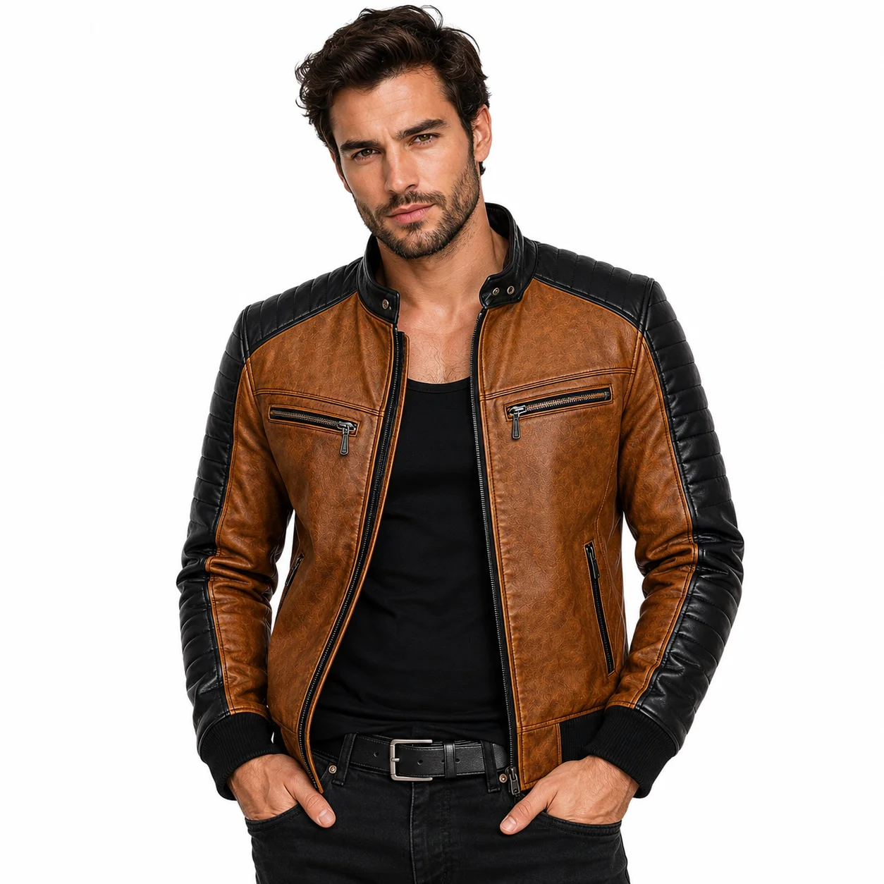 Men's Vintage Brown & Black Motorcycle Biker Bomber Jacket