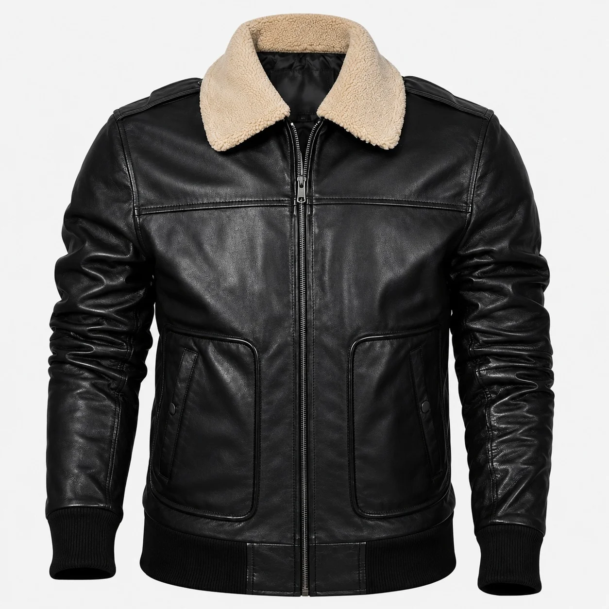 Men's Premium Black Leather Bomber Jacket with Sherpa Collar - Image 3