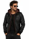 Men’s Vintage Hooded Premium Leather Bomber Jacket – Black & Brown