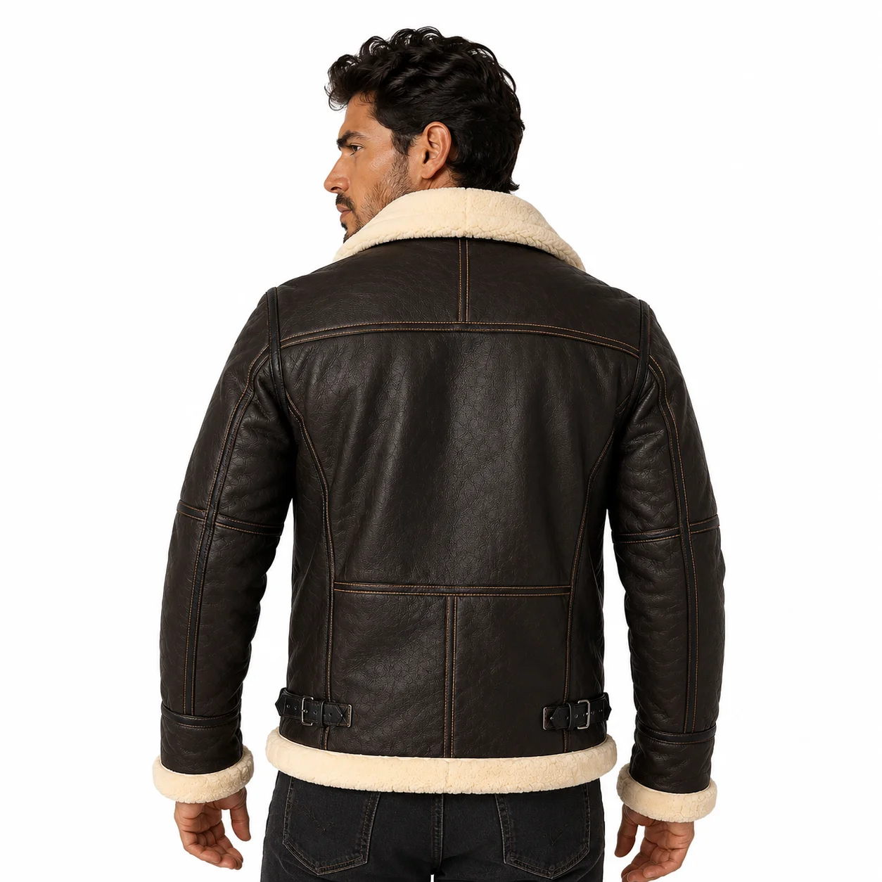Men’s Vintage Brown Shearling Aviator Biker Bomber Jacket – Winter Flight Coat - Image 2