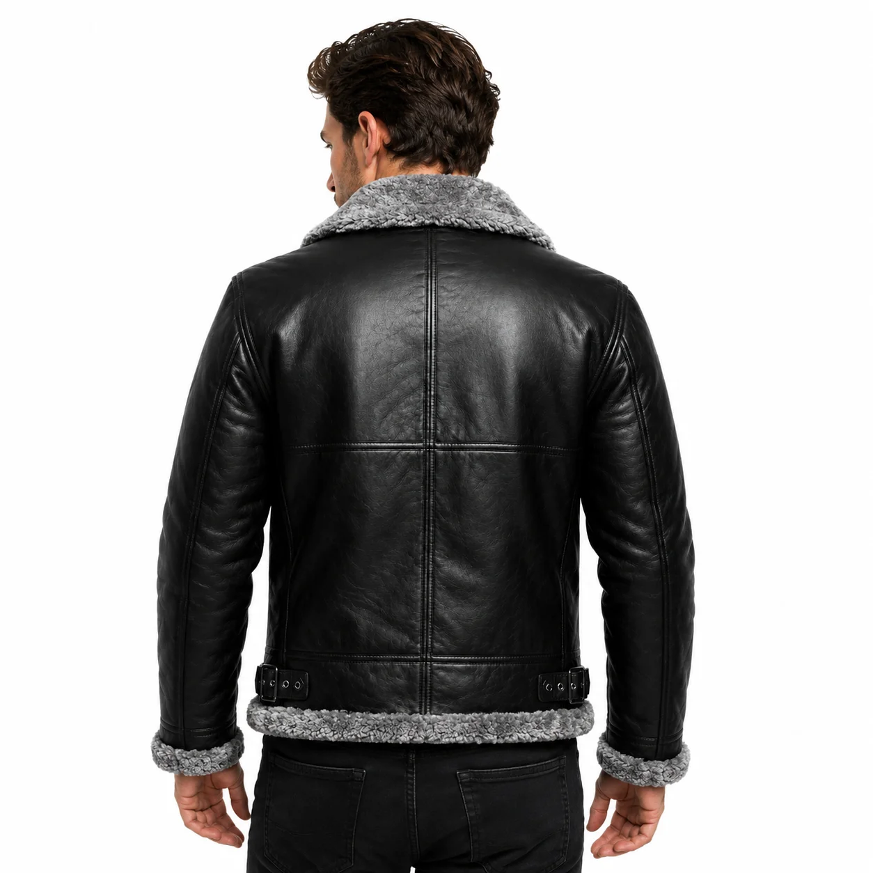 Men’s Black Premium Leather B3 Shearling Aviator Bomber Jacket - Image 2