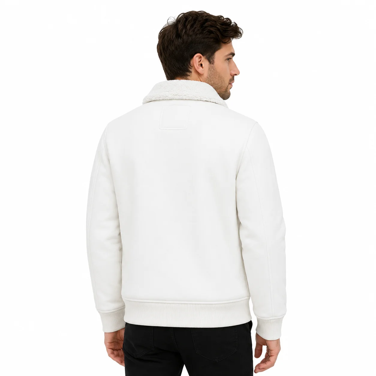 Men’s White Premium Leather Bomber Jacket with Sherpa Collar – Aviator Jacket - Image 2