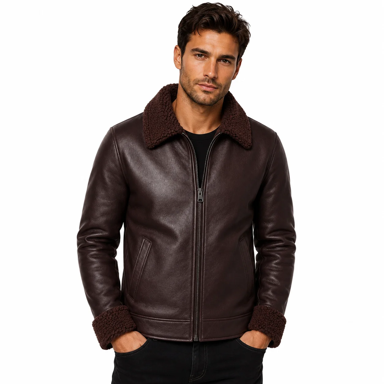 Men’s Vintage Brown Premium Shearling Leather Bomber Jacket