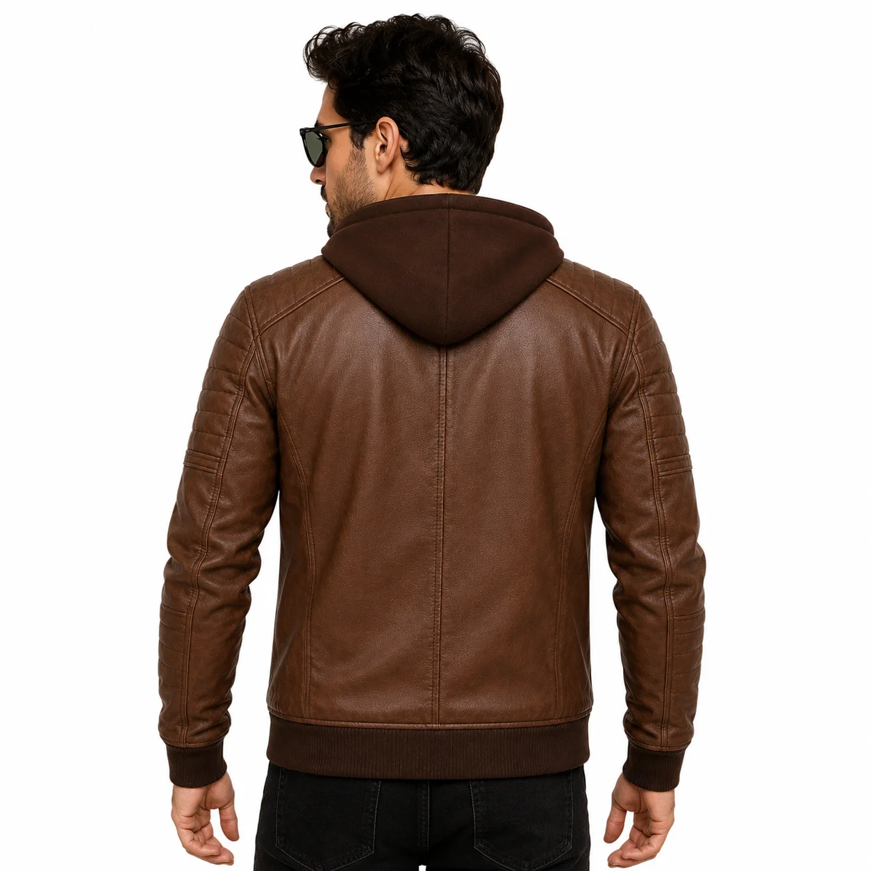 Men's Vintage Brown Hooded Leather Biker Bomber Jacket with Removable Hood - Image 2