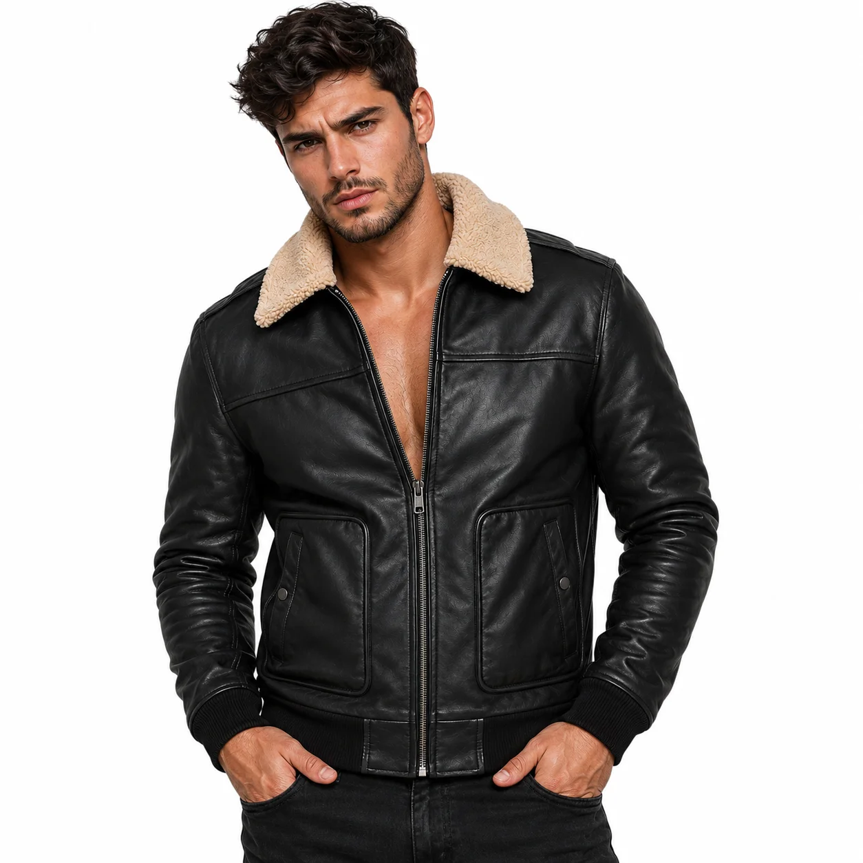 Men's Premium Black Leather Bomber Jacket with Sherpa Collar