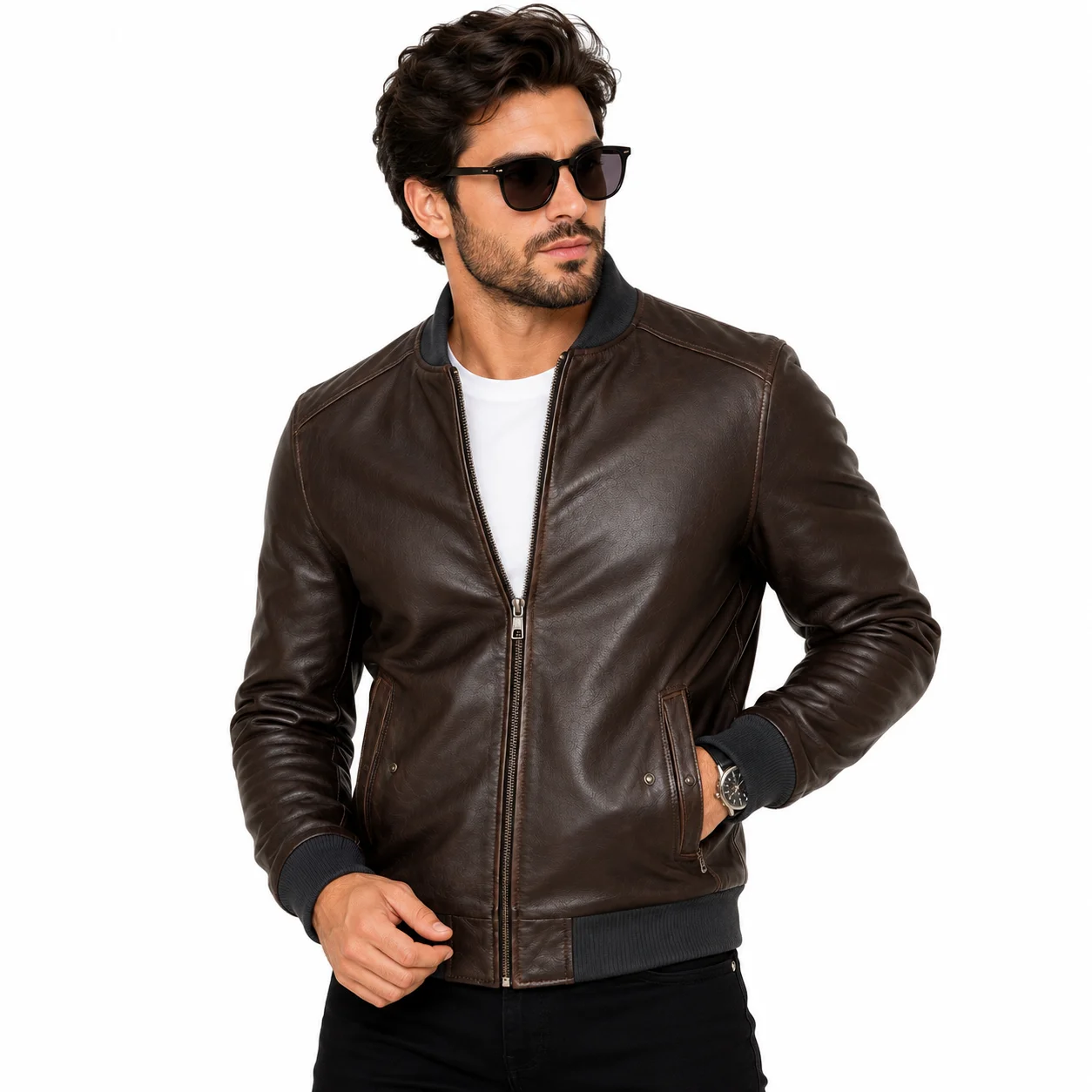 Men’s Vintage Dark Brown Leather Bomber Jacket – Flight Jacket with Ribbed Collar