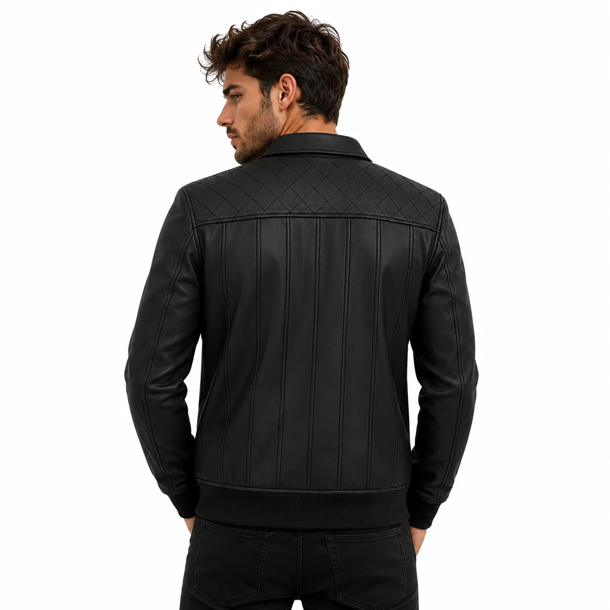 Men’s Black Quilted Shoulder Premium Leather Bomber Jacket - Image 2