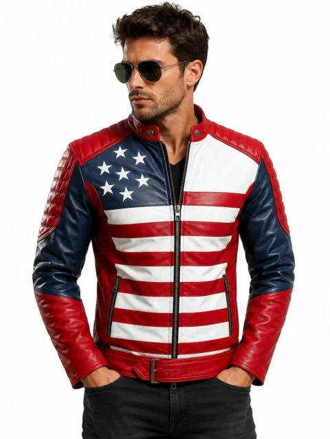 Men's USA Flag Inspired Premium Leather Biker Jacket