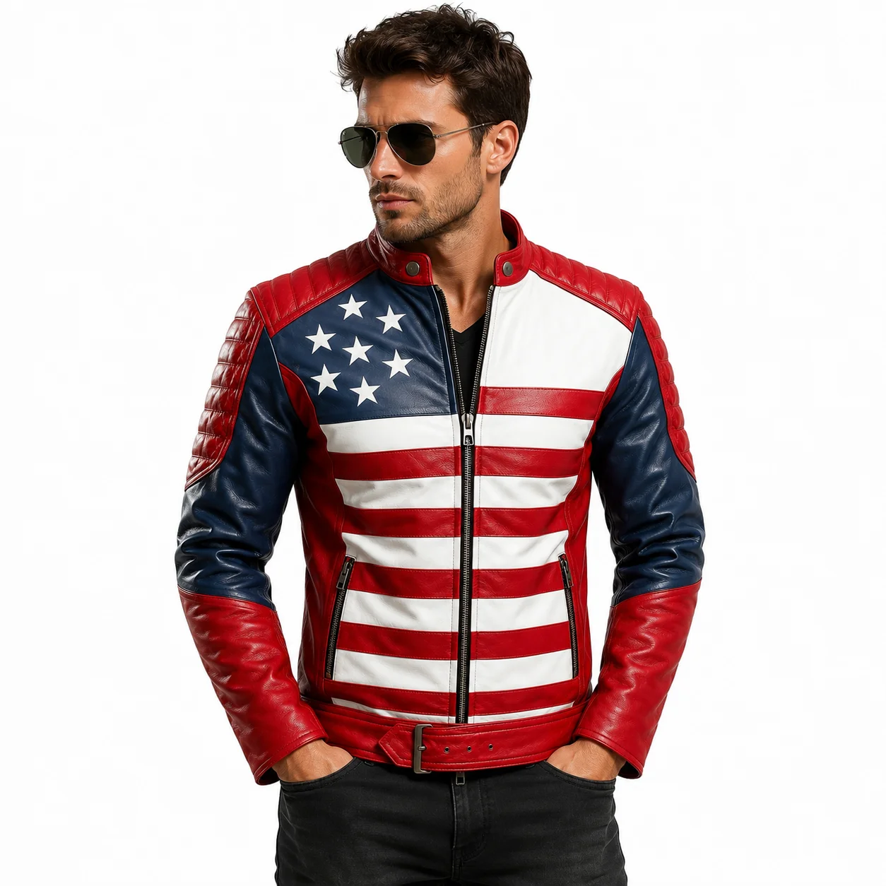 Men's USA Flag Inspired Premium Leather Biker Jacket