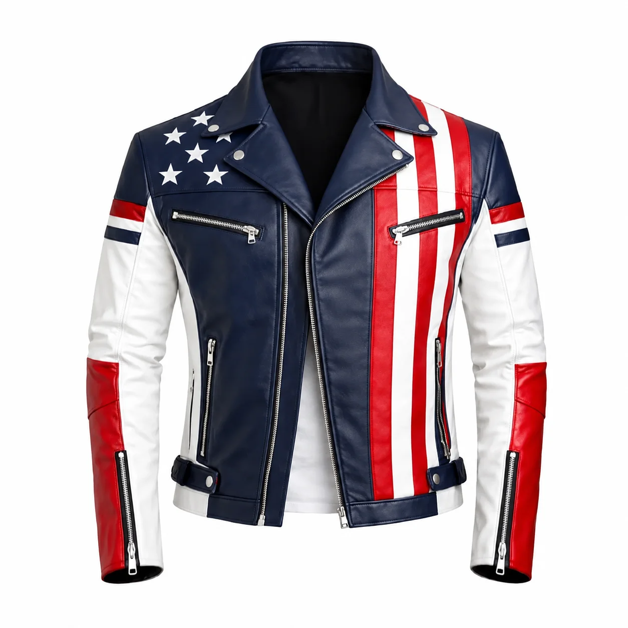 Men's USA Flag Premium Leather Biker Jacket – American Stars & Stripes - Image 3