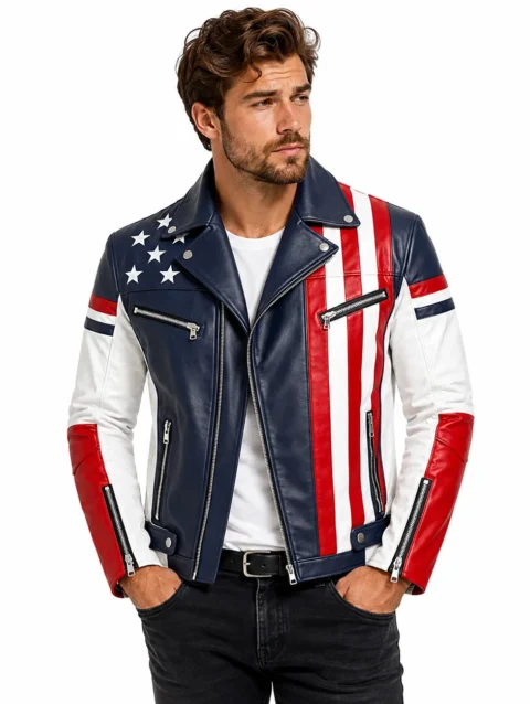 Men's USA Flag Premium Leather Biker Jacket – American Stars & Stripes