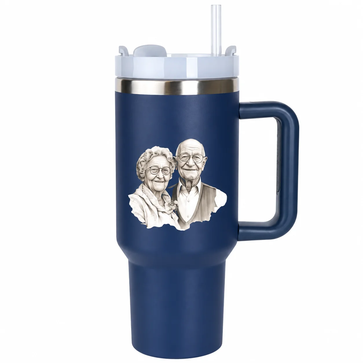 Grandparent Couple Tumbler | Portrait Sketch Insulated Mug with Handle & Straw Lid - Image 8