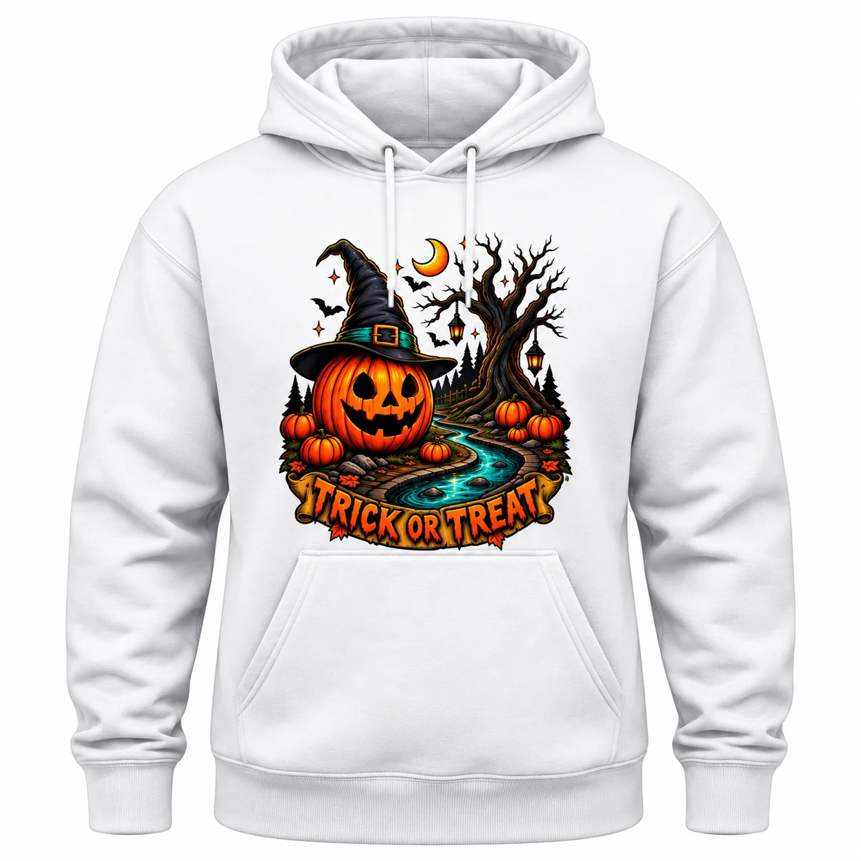 Halloween Trick or Treat Pumpkin Witch Graphic Hoodie – Pure White