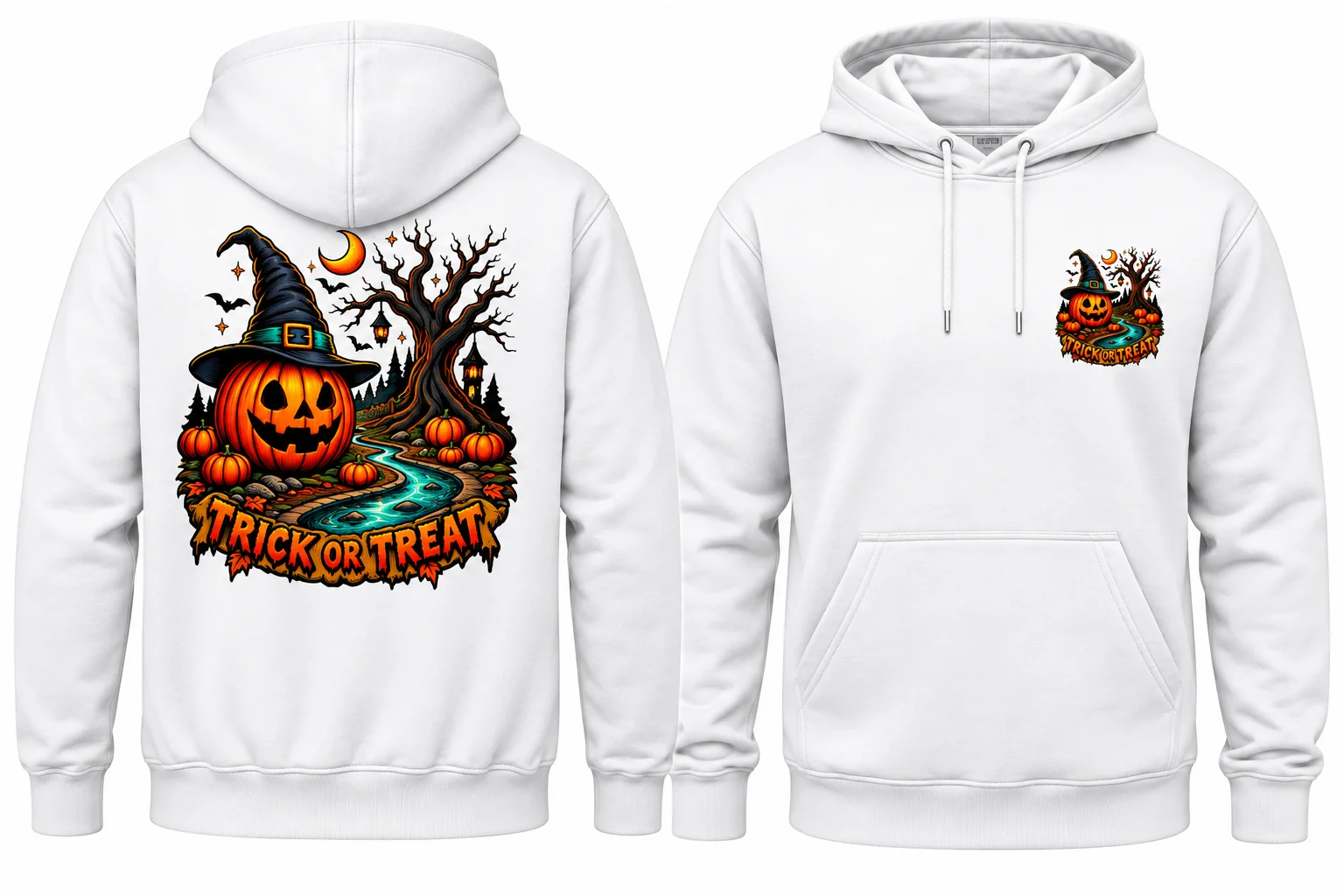 Halloween Trick or Treat Pumpkin Witch Graphic Hoodie – Pure White - Image 2