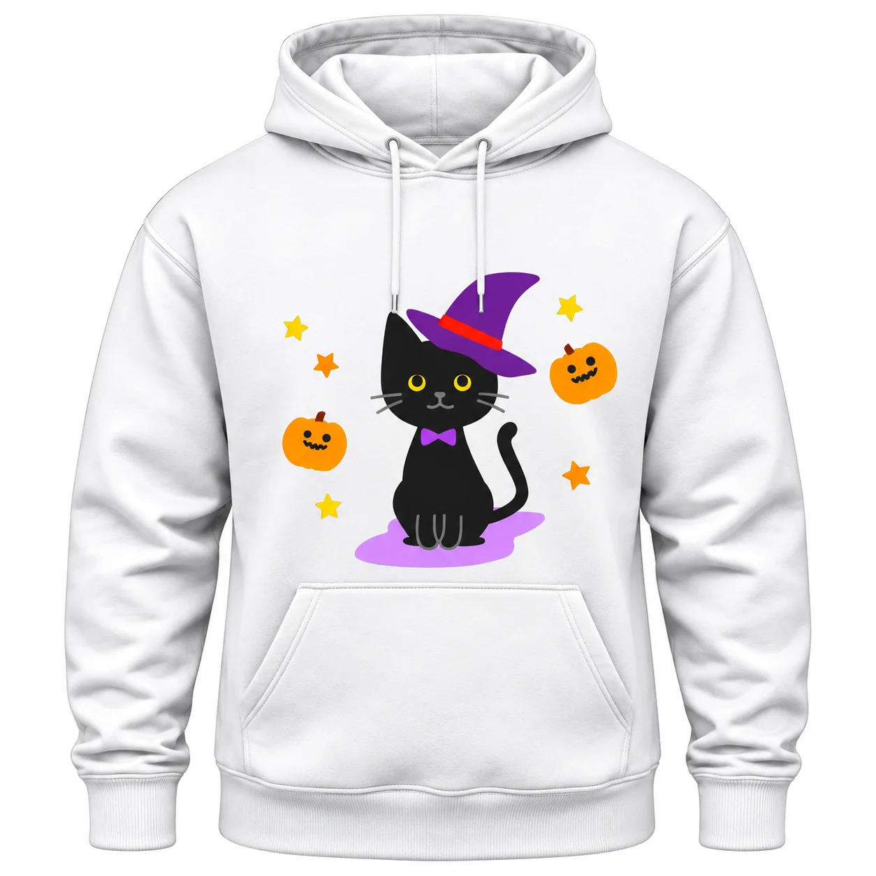 Cute Halloween Black Cat Witch Graphic Hoodie – Pure White