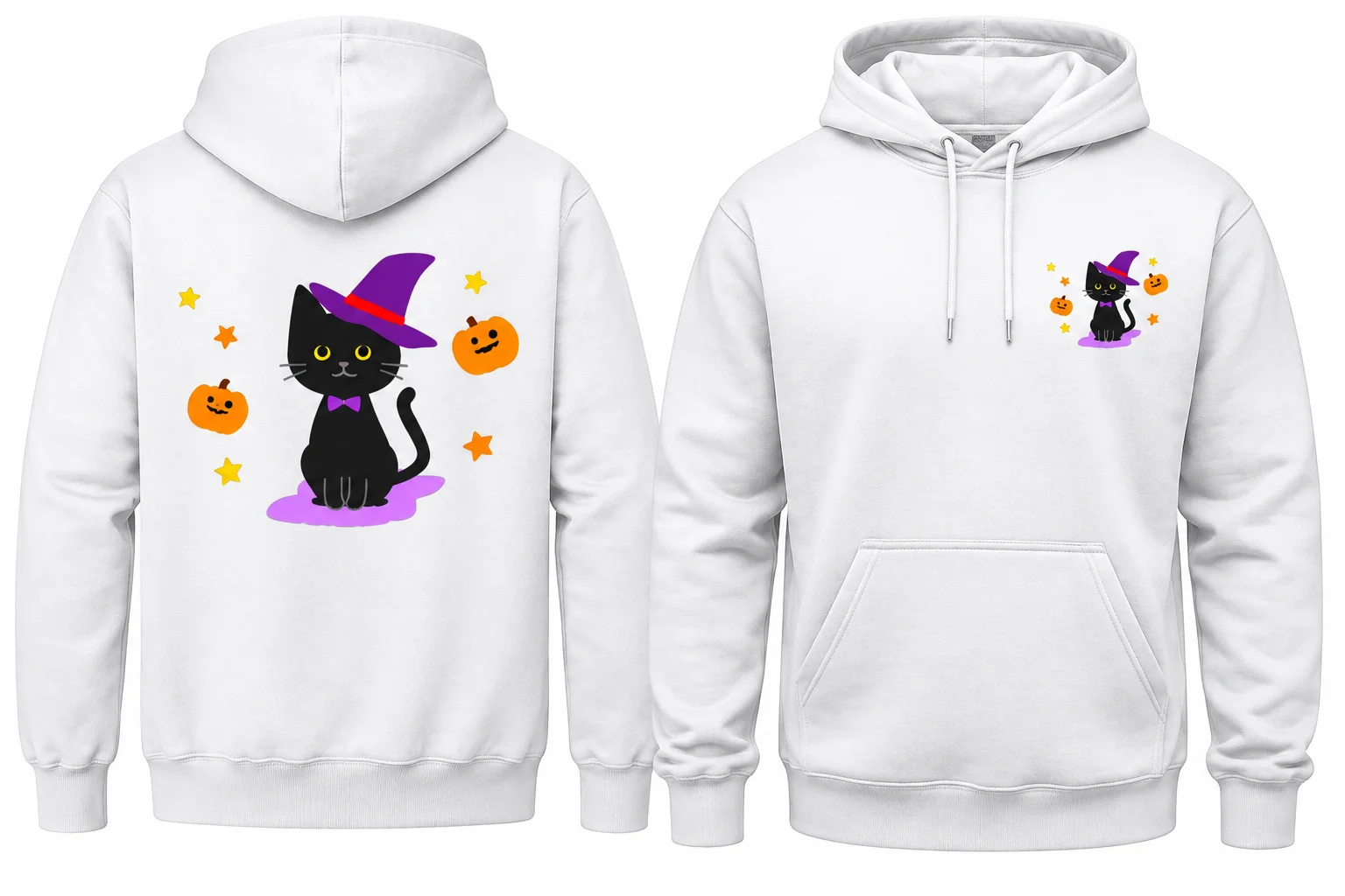Cute Halloween Black Cat Witch Graphic Hoodie – Pure White - Image 2