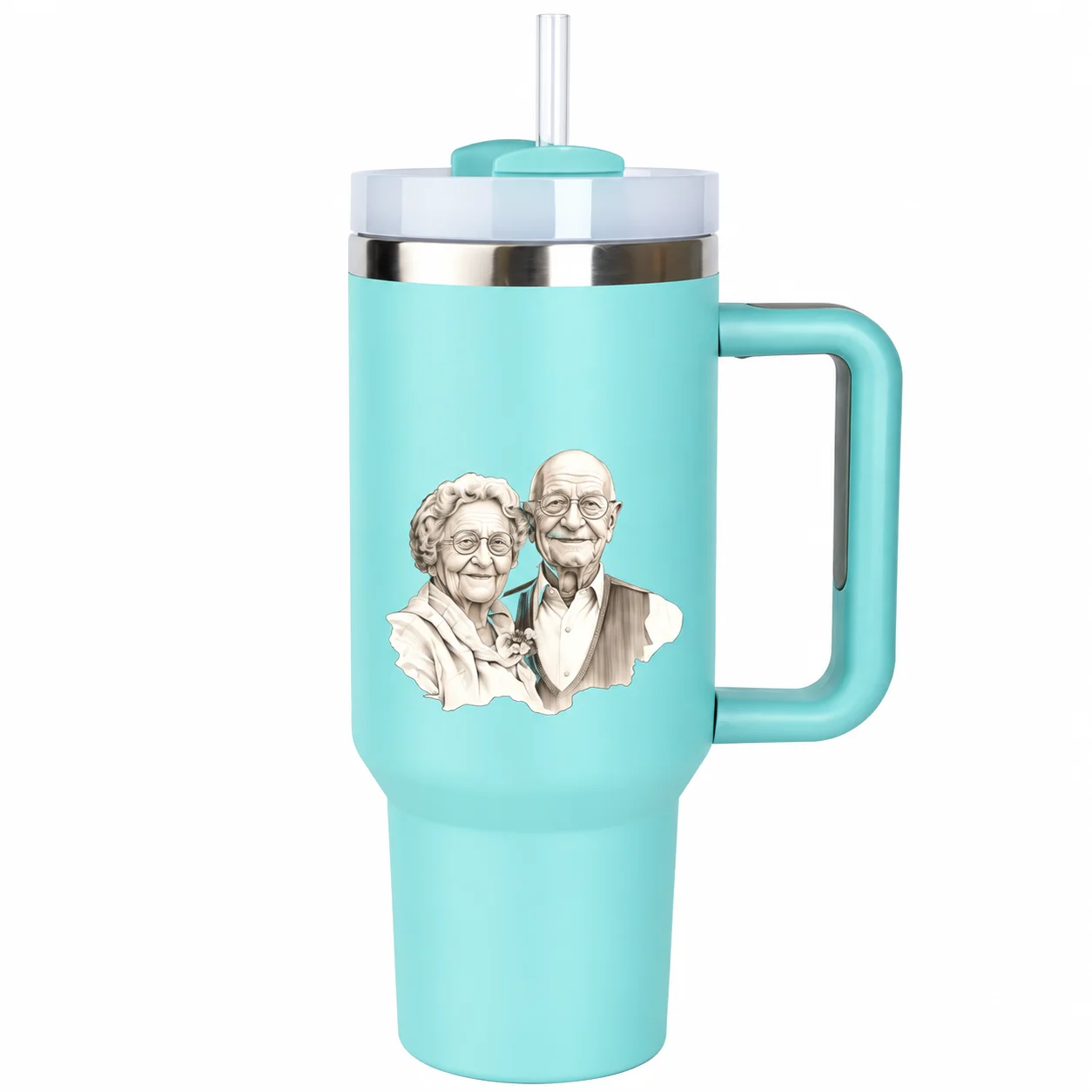 Grandparent Couple Tumbler | Portrait Sketch Insulated Mug with Handle & Straw Lid - Image 9