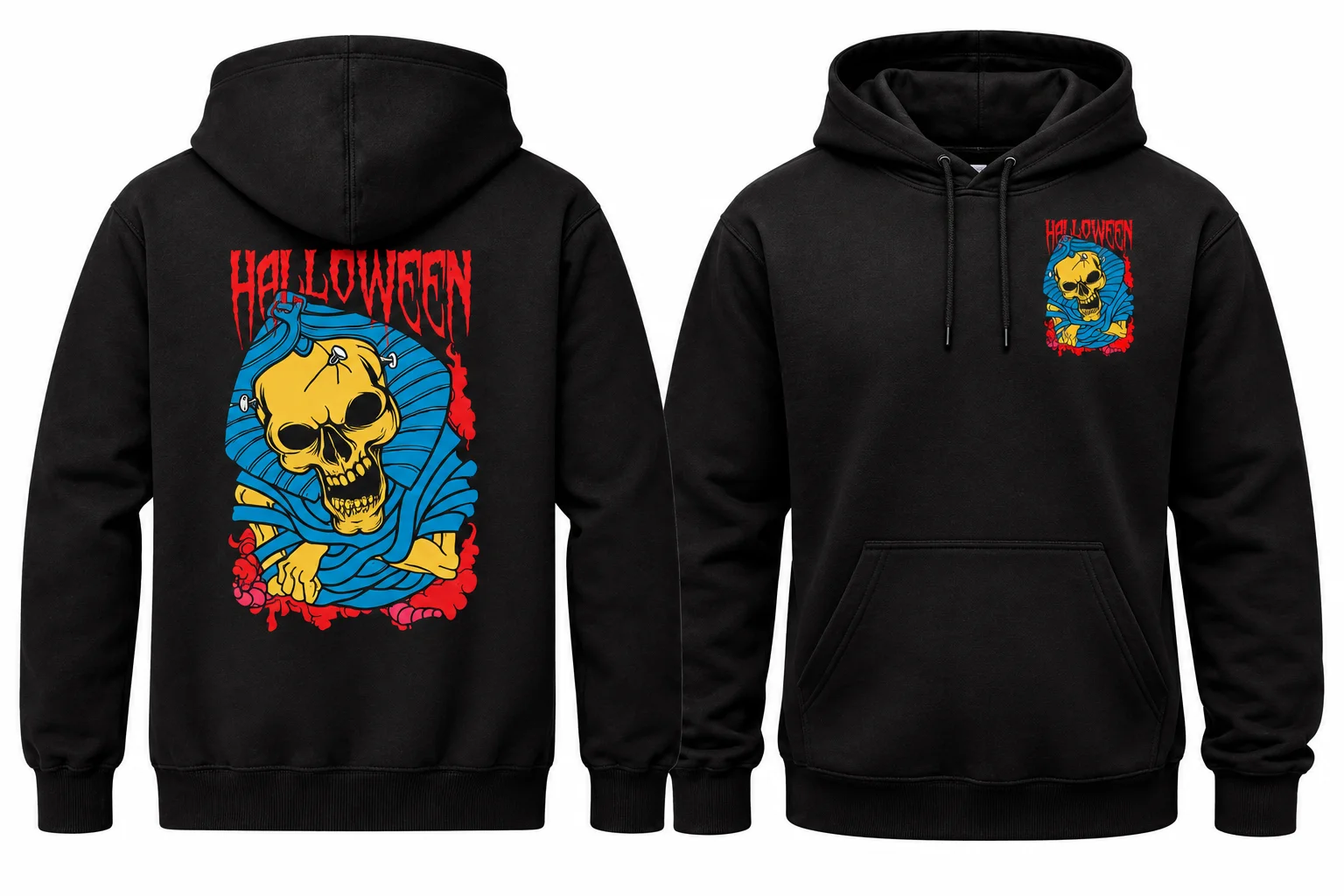 Halloween Skull Mummy Graphic Hoodie – Jet Black - Image 2