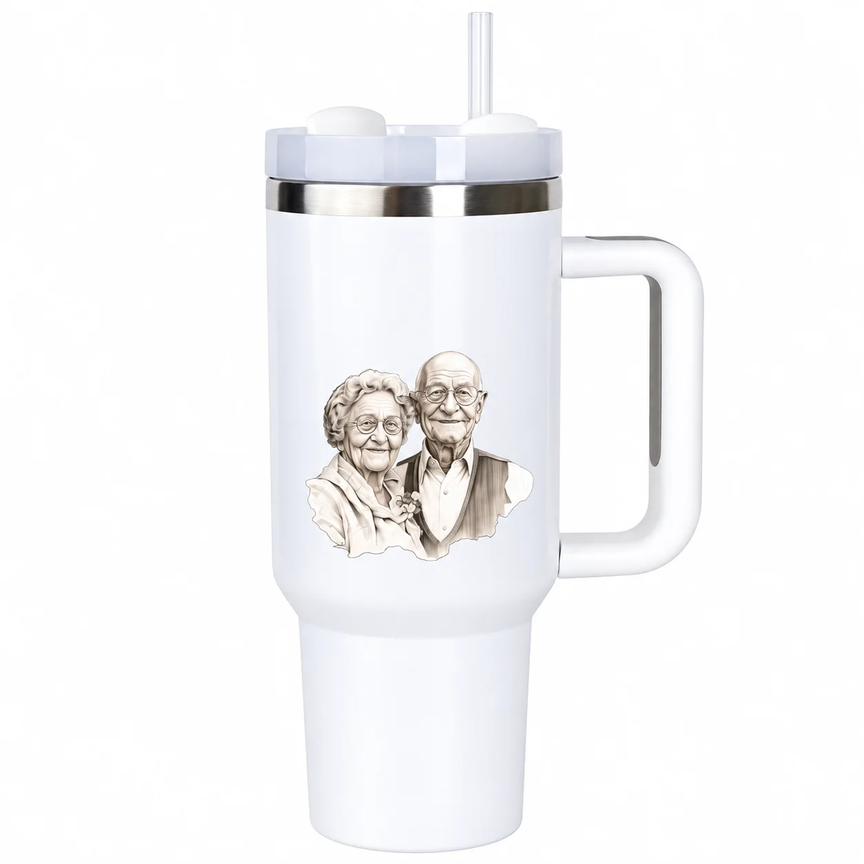 Grandparent Couple Tumbler | Portrait Sketch Insulated Mug with Handle & Straw Lid - Image 11