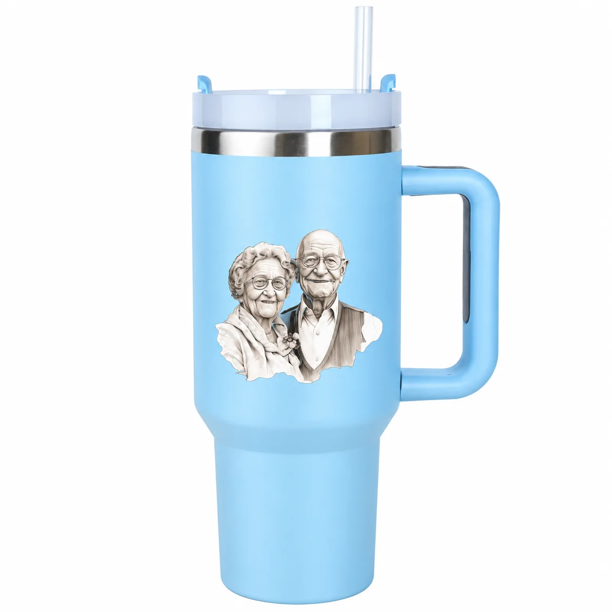 Grandparent Couple Tumbler | Portrait Sketch Insulated Mug with Handle & Straw Lid - Image 7