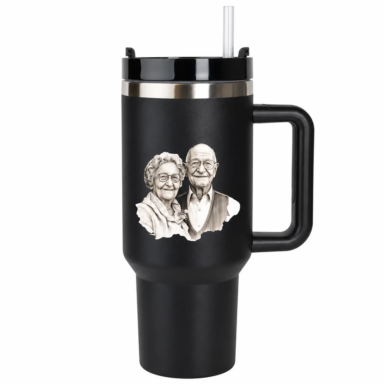 Grandparent Couple Tumbler | Portrait Sketch Insulated Mug with Handle & Straw Lid - Image 6