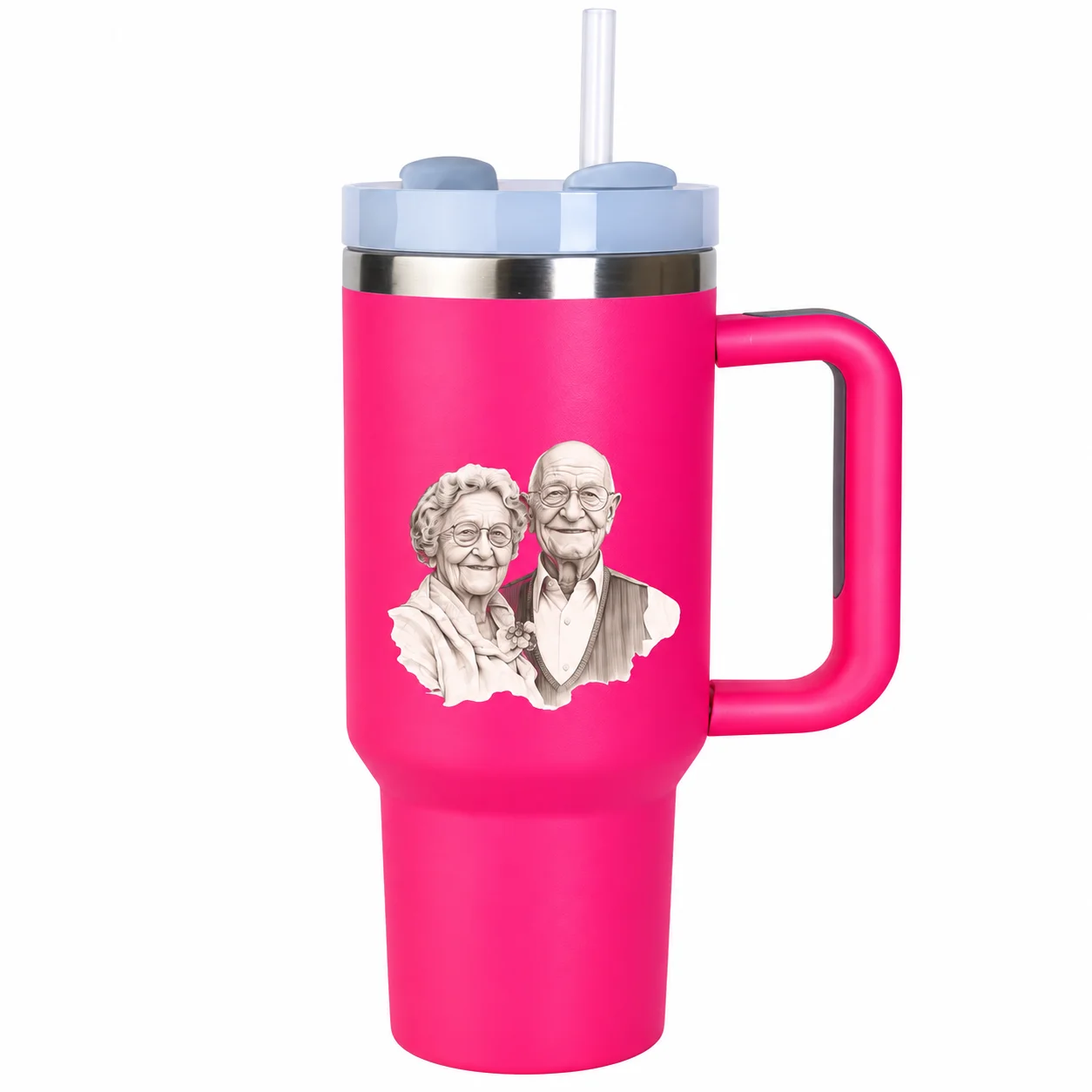 Grandparent Couple Tumbler | Portrait Sketch Insulated Mug with Handle & Straw Lid - Image 5