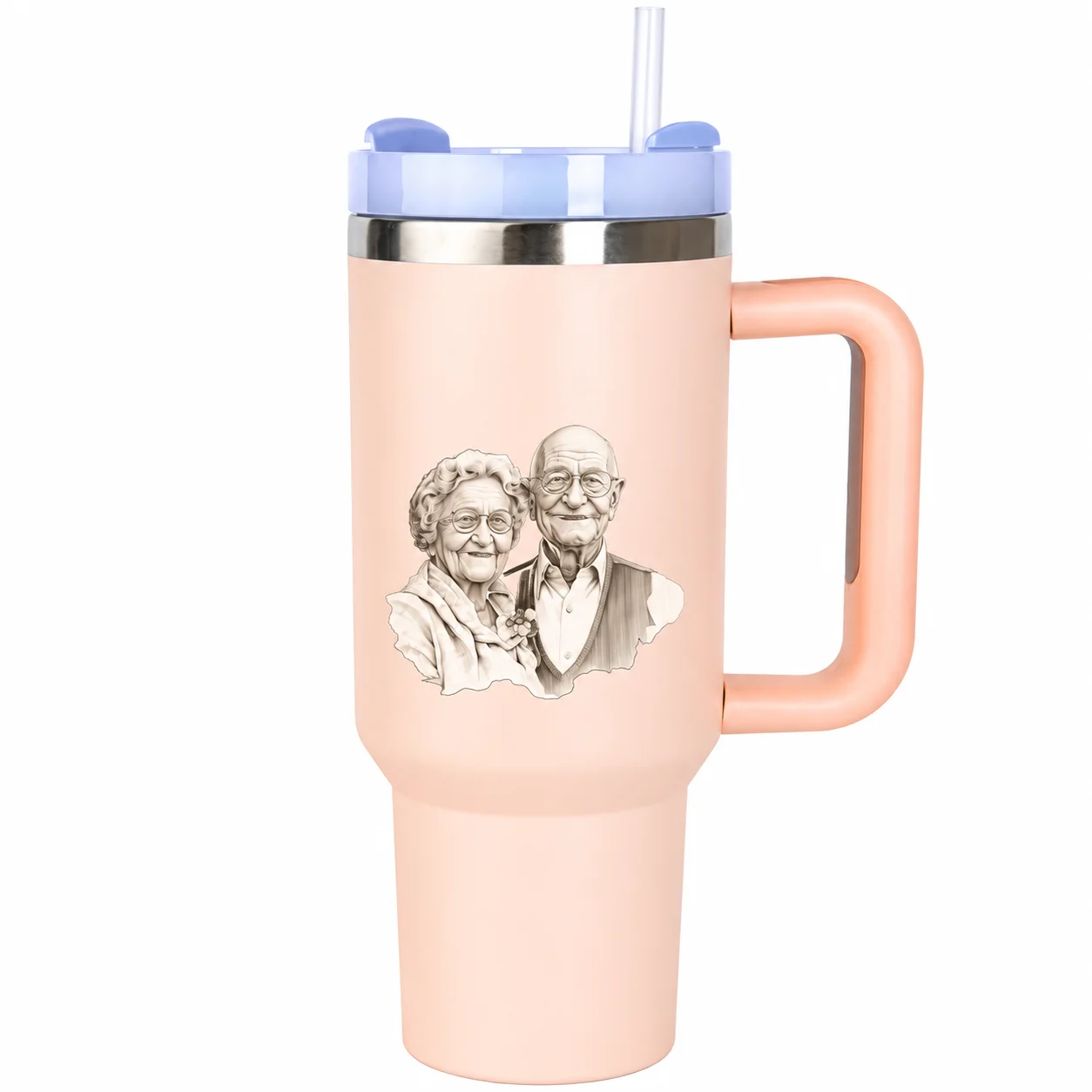 Grandparent Couple Tumbler | Portrait Sketch Insulated Mug with Handle & Straw Lid - Image 4