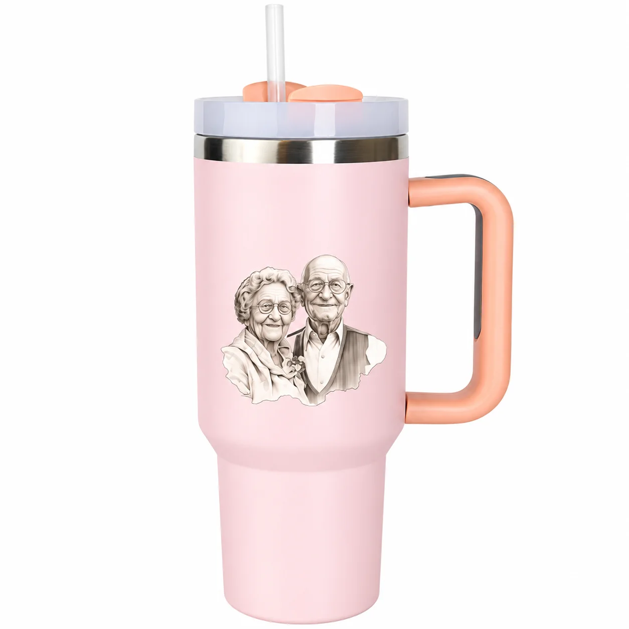 Grandparent Couple Tumbler | Portrait Sketch Insulated Mug with Handle & Straw Lid - Image 3