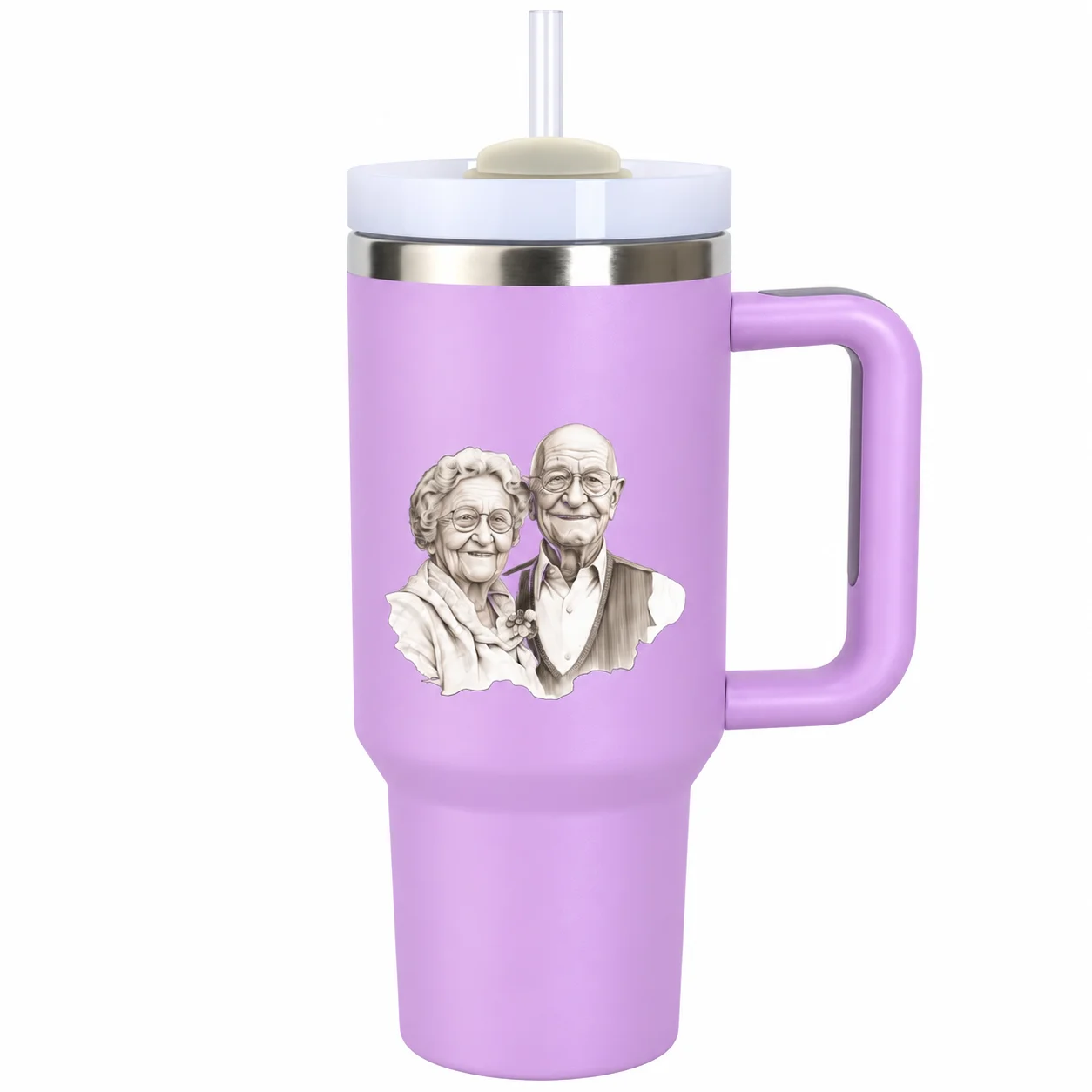Grandparent Couple Tumbler | Portrait Sketch Insulated Mug with Handle & Straw Lid - Image 2