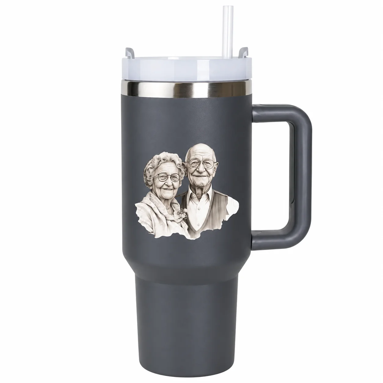 Grandparent Couple Tumbler | Portrait Sketch Insulated Mug with Handle & Straw Lid